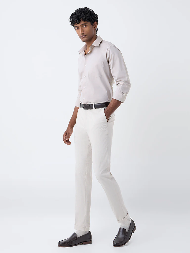 WES Formals Beige Solid Slim-Fit Cotton Shirt - Image 3