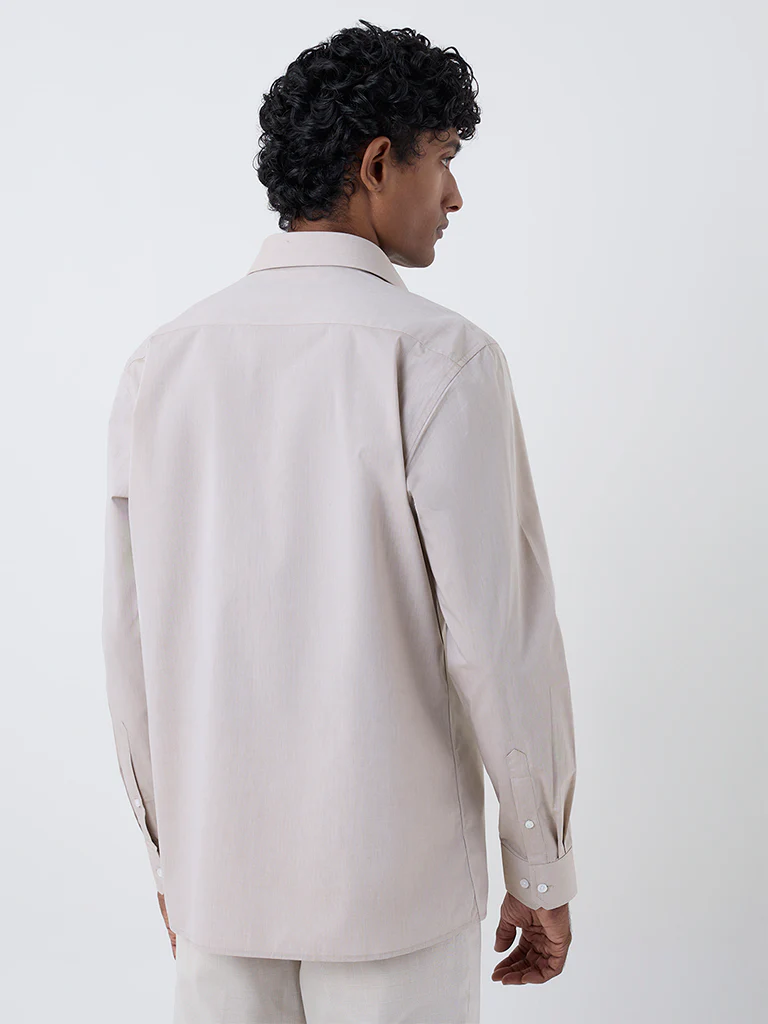 WES Formals Beige Solid Slim-Fit Cotton Shirt - Image 4