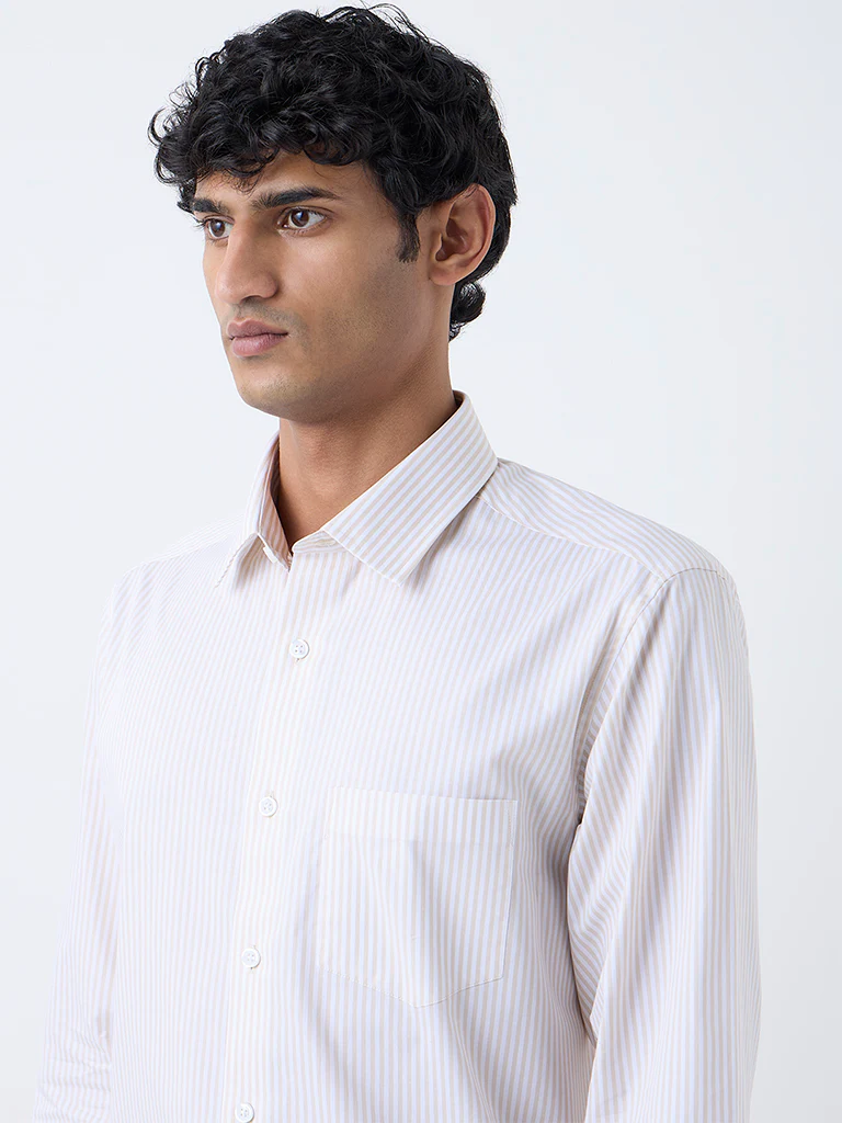 WES Formals Beige Striped Relaxed-Fit Cotton Shirt - Image 2