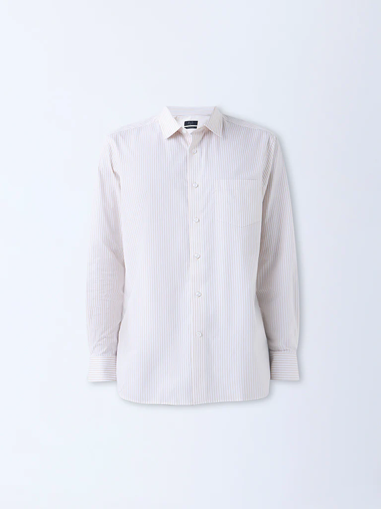 WES Formals Beige Striped Relaxed-Fit Cotton Shirt - Image 5