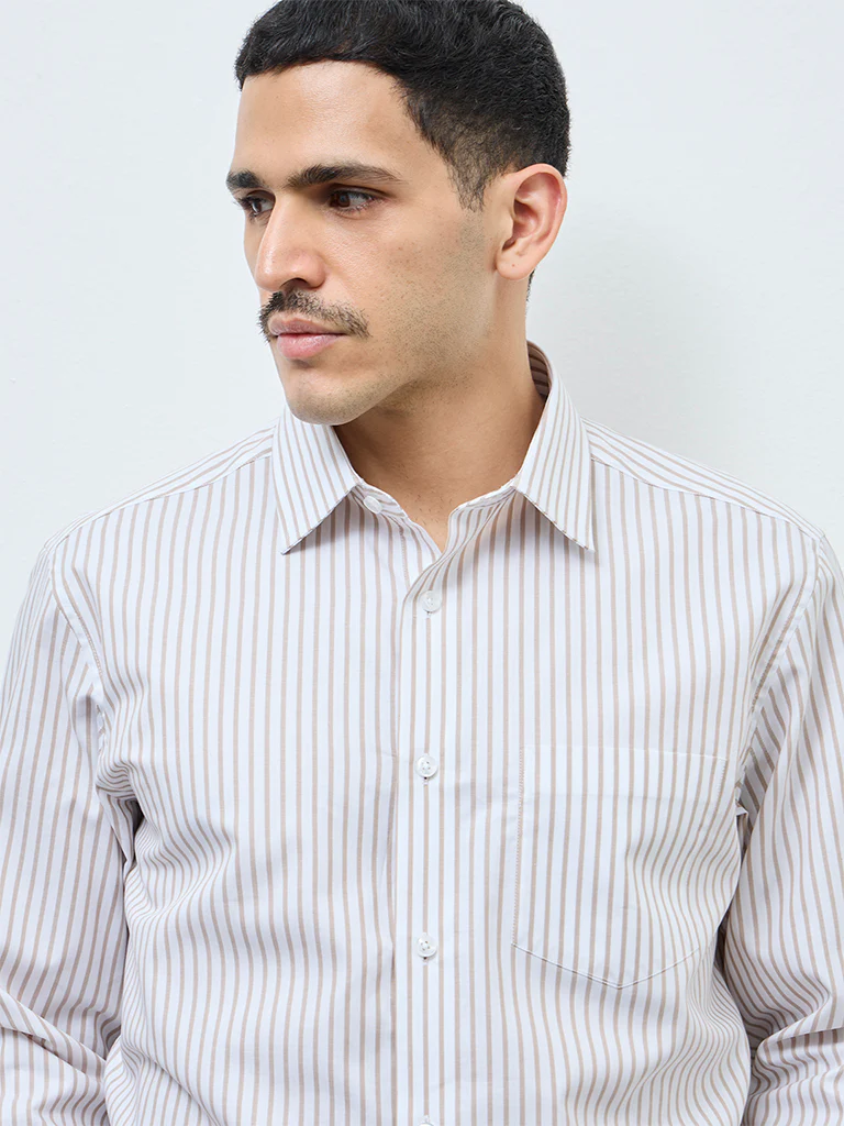 WES Formals Beige Striped Relaxed-Fit Cotton Shirt - Image 2