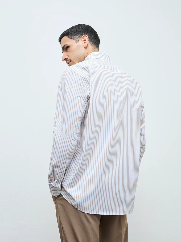 WES Formals Beige Striped Relaxed-Fit Cotton Shirt - Image 4