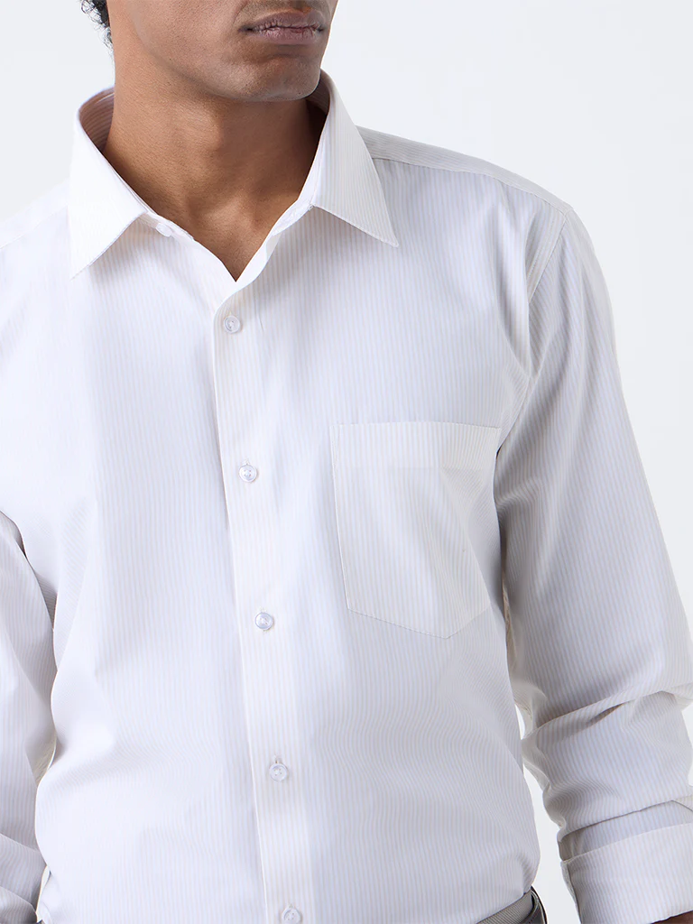 WES Formals Beige Striped Slim-Fit Cotton Shirt - Image 2