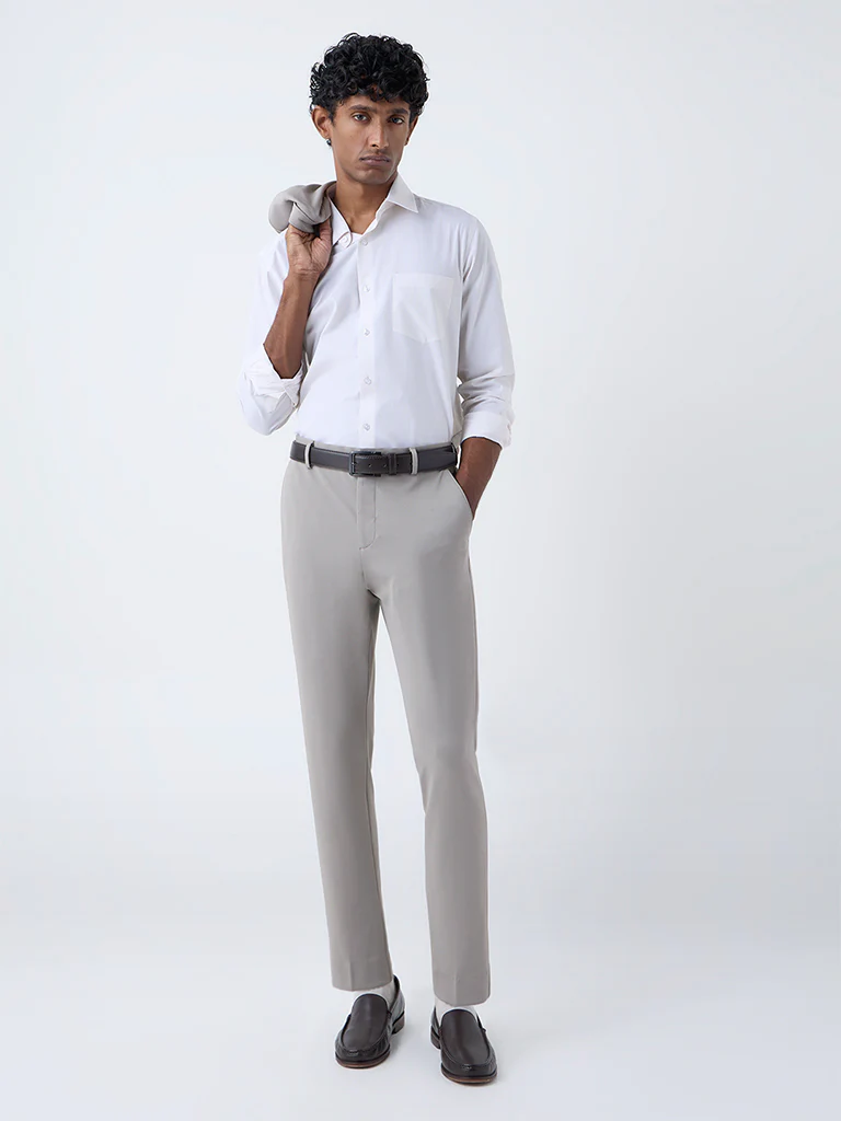WES Formals Beige Striped Slim-Fit Cotton Shirt - Image 3