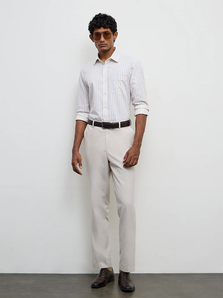 WES Formals Beige Striped Slim-Fit Cotton Shirt