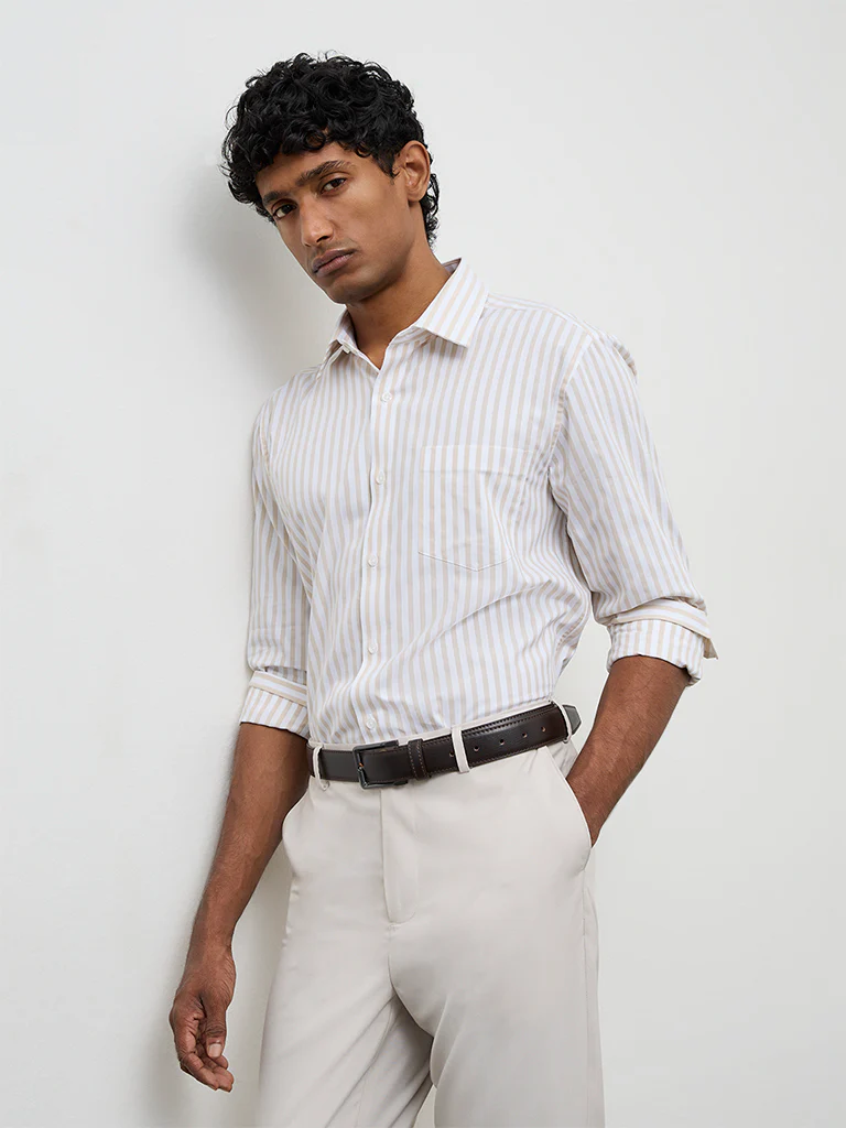 WES Formals Beige Striped Slim-Fit Cotton Shirt - Image 2