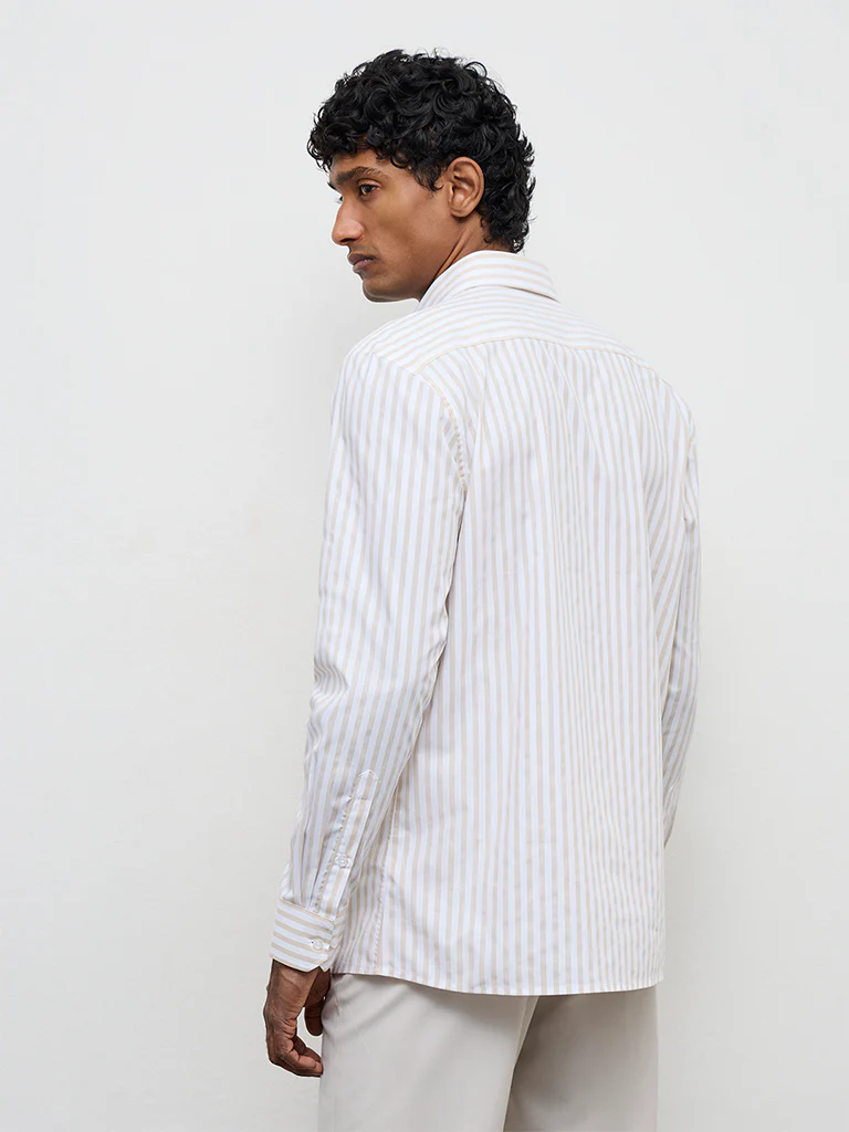 WES Formals Beige Striped Slim-Fit Cotton Shirt - Image 4