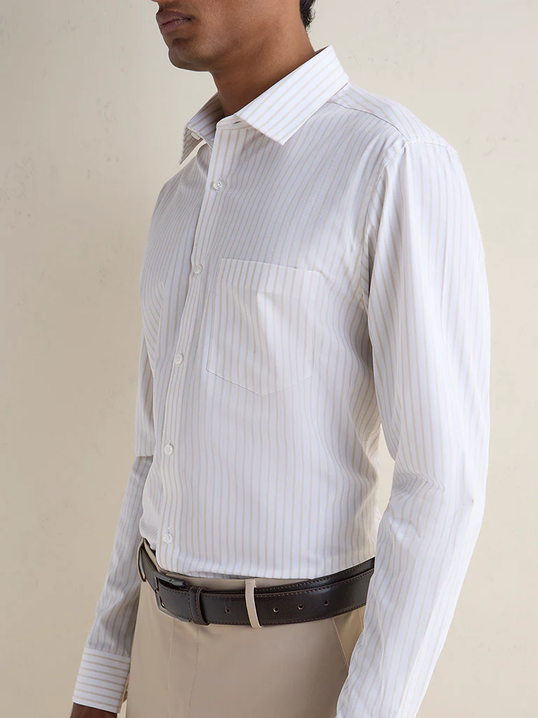 WES Formals Beige Striped Slim-Fit Cotton Shirt - Image 3