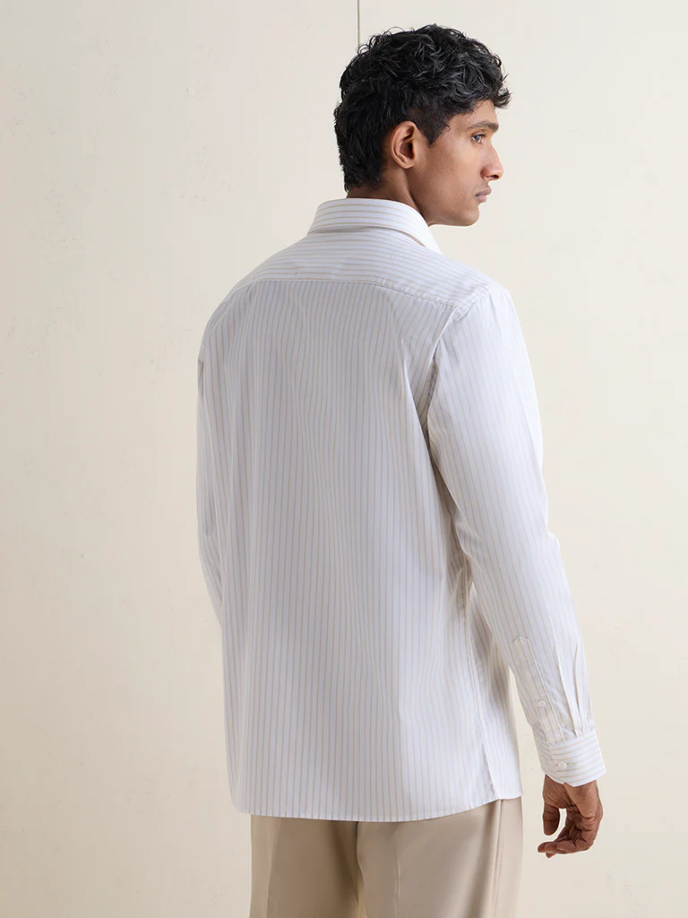 WES Formals Beige Striped Slim-Fit Cotton Shirt - Image 4