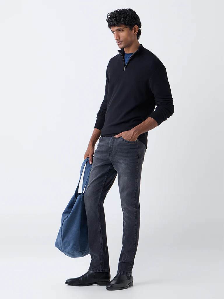 WES Formals Black Knit-Textured Slim-Fit Quarter-Zip Sweater - Image 4