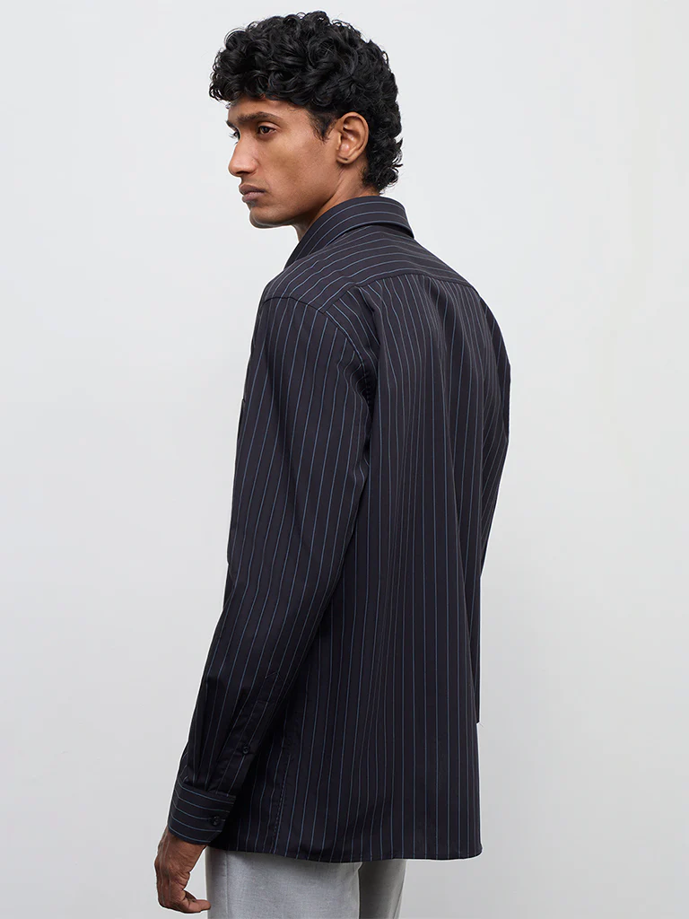WES Formals Black Pinstripe Relaxed-Fit Cotton Shirt - Image 4