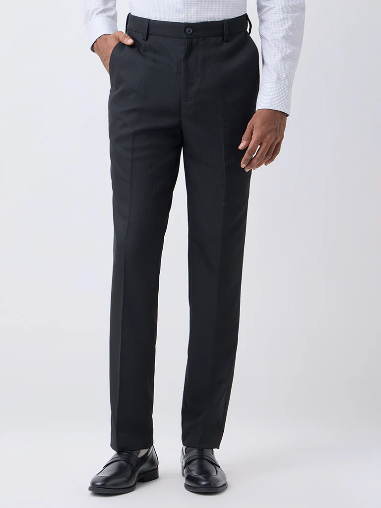 WES Formals Black Pinstriped Relaxed-Fit Mid-Rise Trousers - Image 2