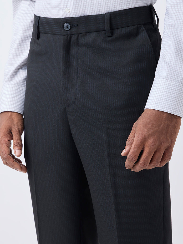 WES Formals Black Pinstriped Relaxed-Fit Mid-Rise Trousers - Image 3