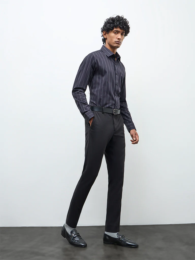 WES Formals Black Pinstriped Slim-Fit Cotton Shirt - Image 2