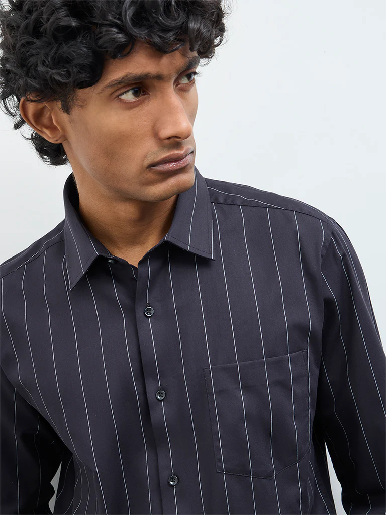 WES Formals Black Pinstriped Slim-Fit Cotton Shirt - Image 3