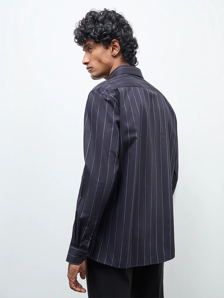 WES Formals Black Pinstriped Slim-Fit Cotton Shirt - Image 4