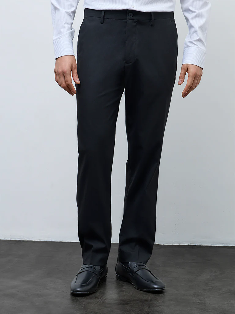 WES Formals Black Relaxed-Fit Mid-Rise Trousers - Image 3