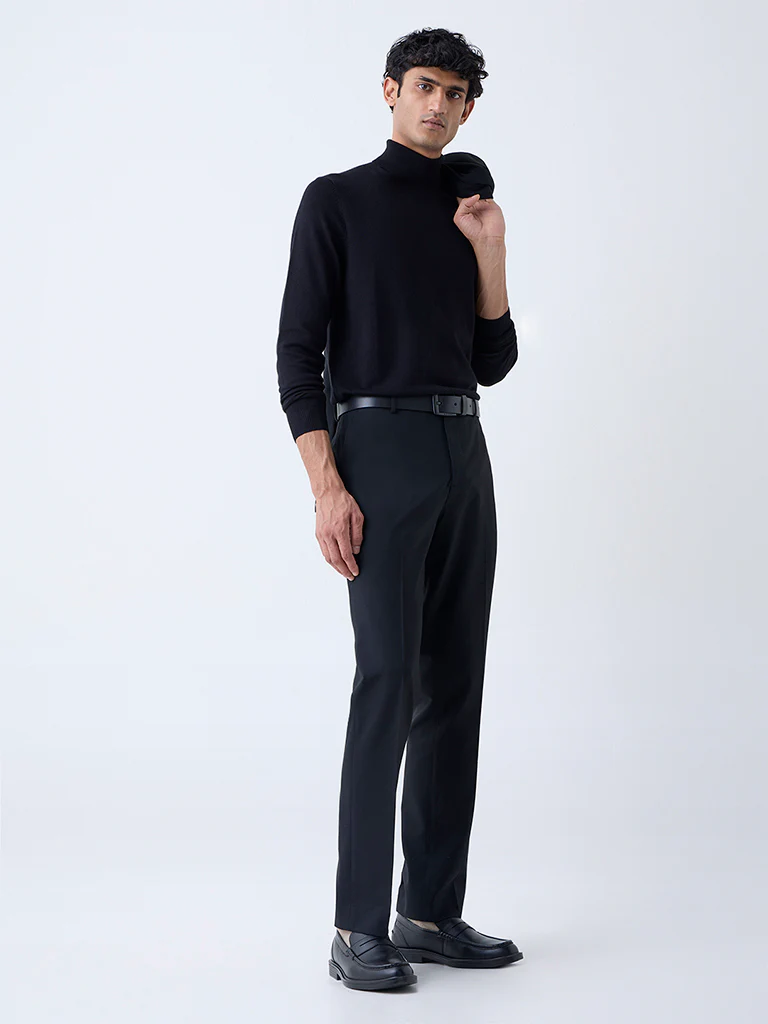 WES Formals Black Slim-Fit Mid-Rise Trousers