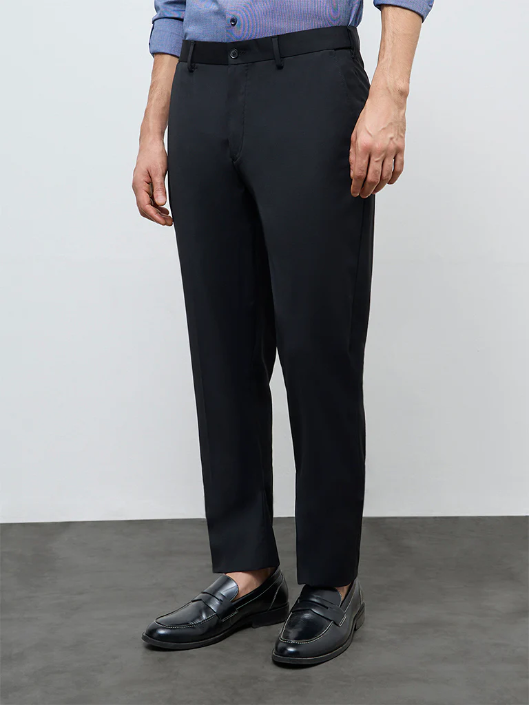 WES Formals Black Solid Mid-Rise Slim-Fit Trousers - Image 2