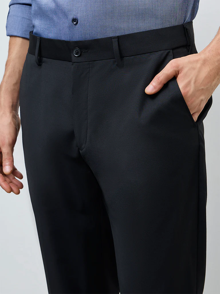 WES Formals Black Solid Mid-Rise Slim-Fit Trousers - Image 3