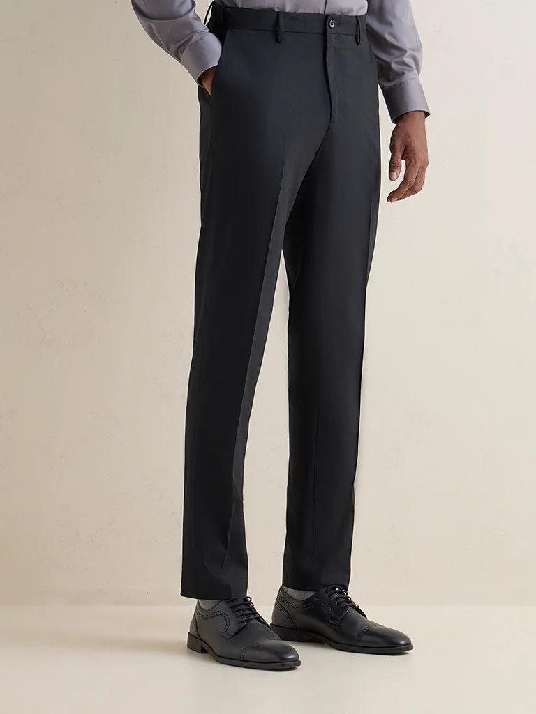 WES Formals Black Solid Relaxed-Fit Mid-Rise Trousers - Image 2