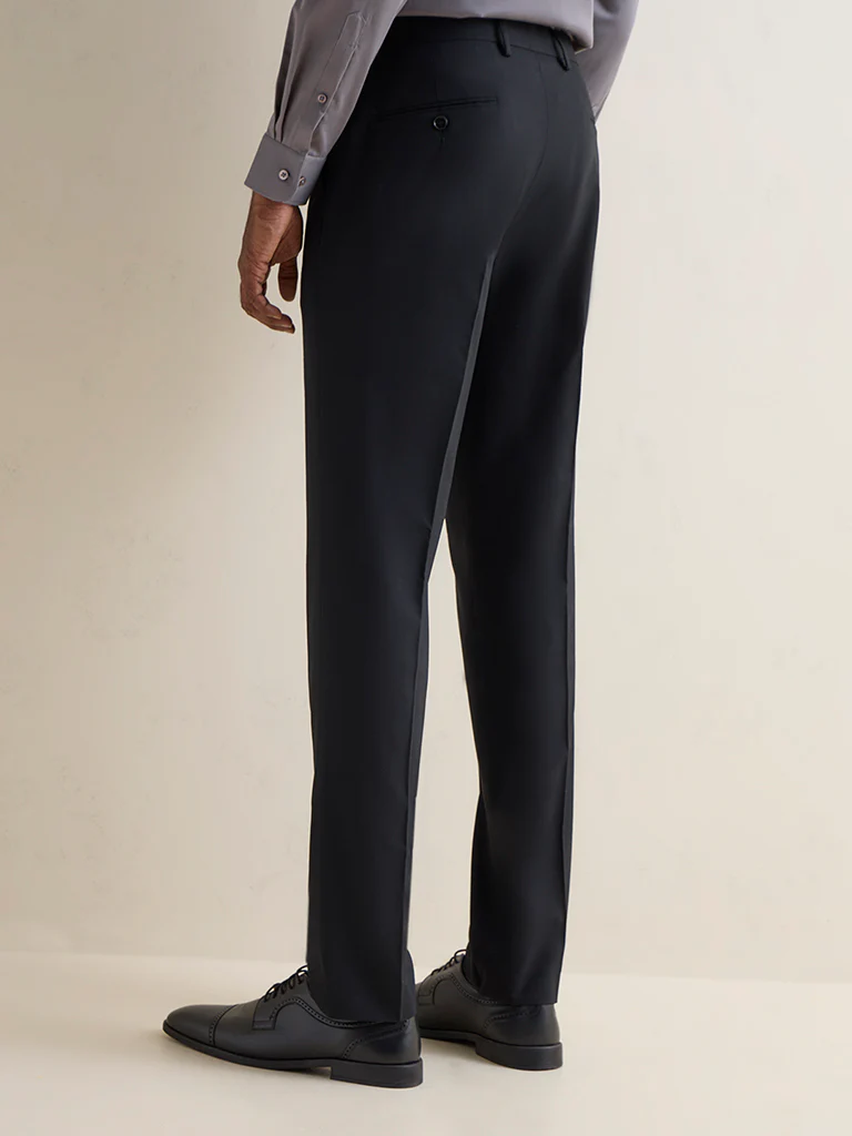 WES Formals Black Solid Relaxed-Fit Mid-Rise Trousers - Image 4