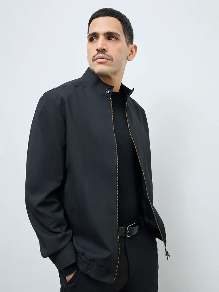 WES Formals Black Solid Slim-Fit Jacket