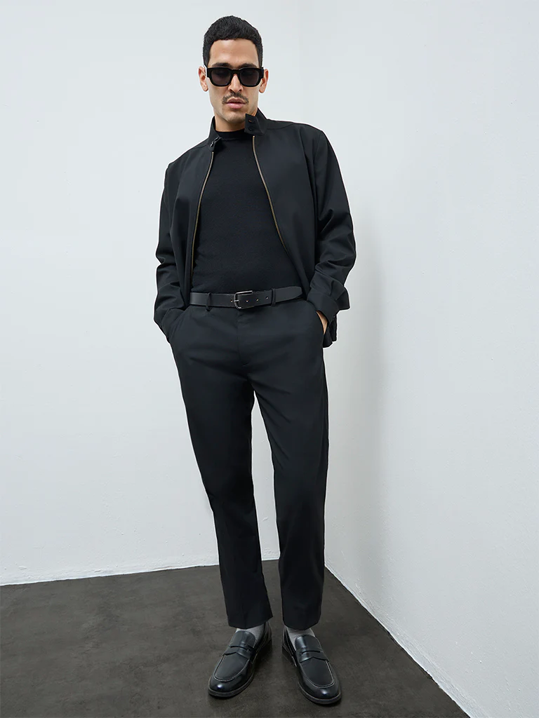 WES Formals Black Solid Slim-Fit Mid-Rise Trousers