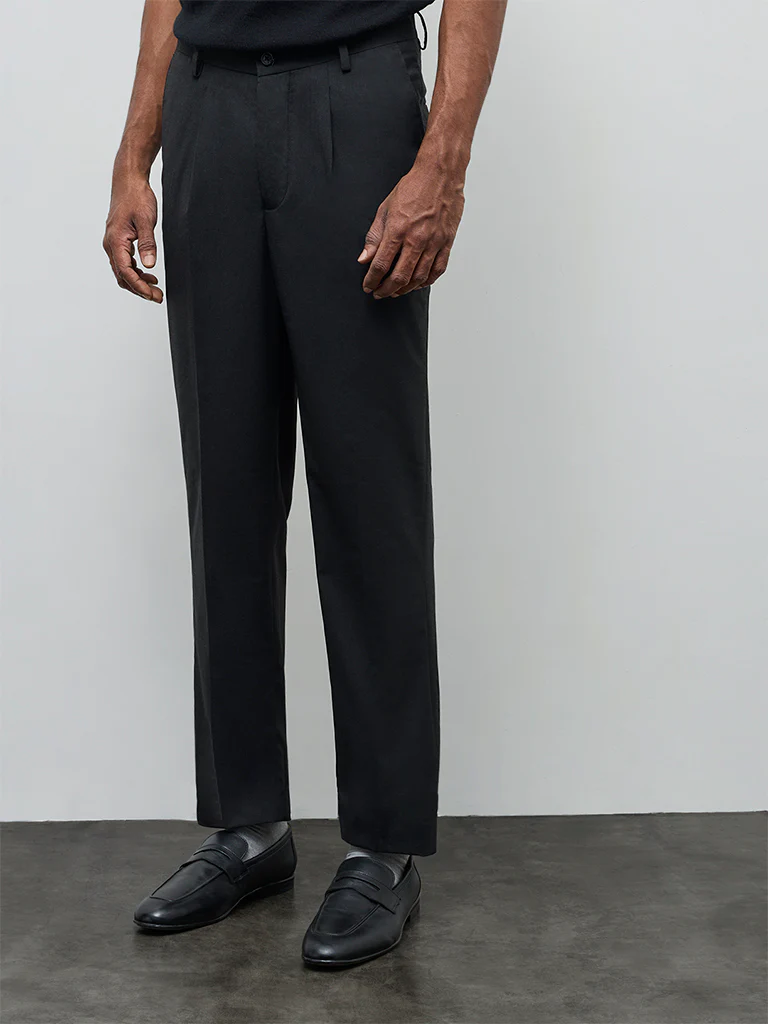 WES Formals Black Solid Slim-Fit Mid-Rise Trousers - Image 2