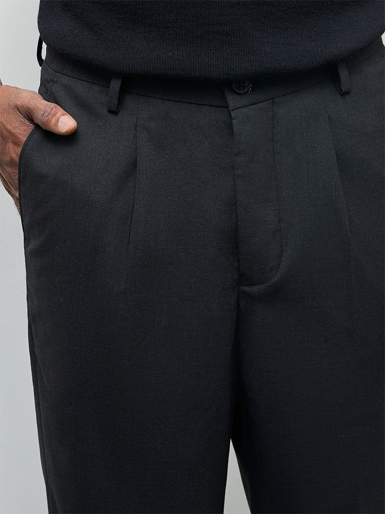 WES Formals Black Solid Slim-Fit Mid-Rise Trousers - Image 3