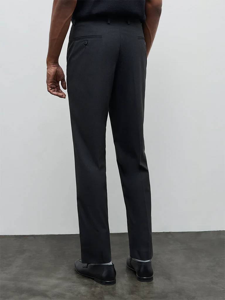 WES Formals Black Solid Slim-Fit Mid-Rise Trousers - Image 4
