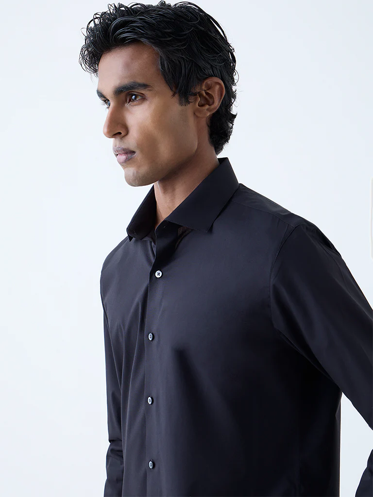 WES Formals Black Solid Ultra-Slim Fit Cotton-Blend Shirt - Image 2