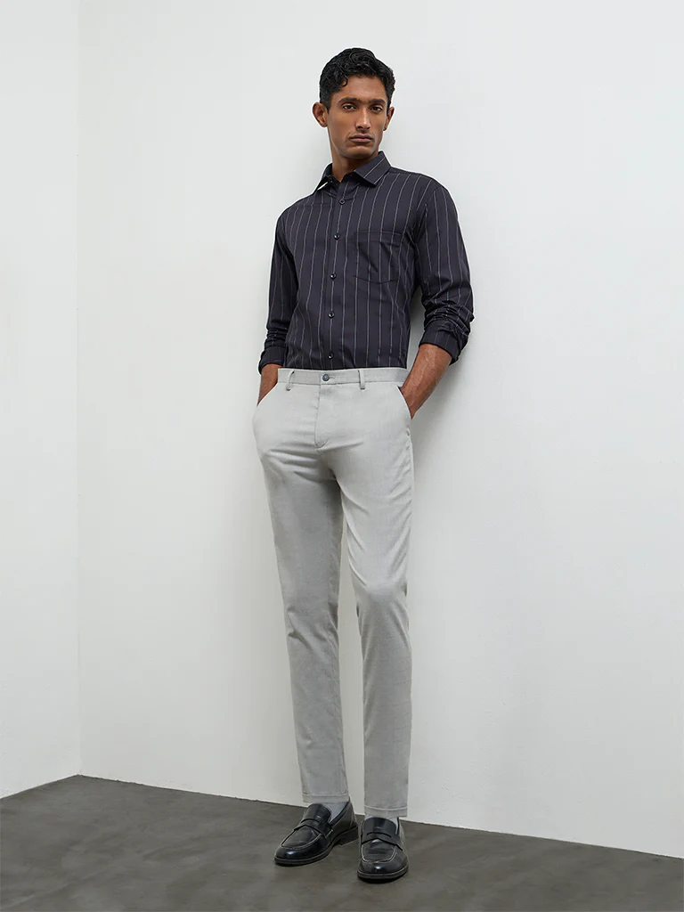 WES Formals Black Striped Slim-Fit Cotton Shirt - Image 2