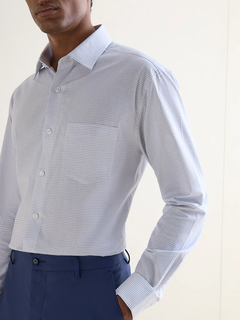WES Formals Blue Checkered Relaxed-Fit Cotton Shirt - Image 3