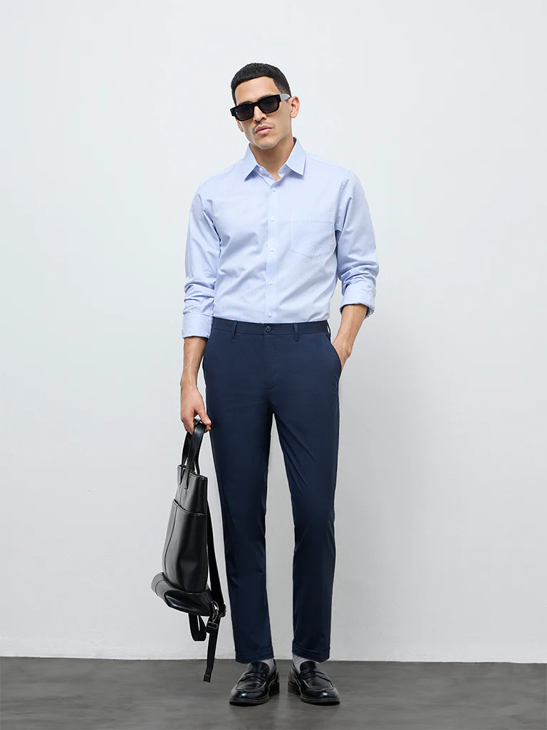 WES Formals Blue Checkered Slim-Fit Cotton Shirt - Image 2