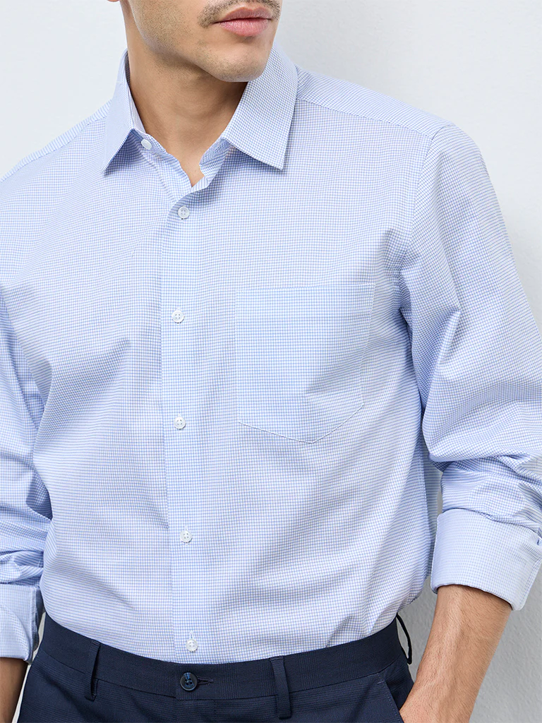WES Formals Blue Checkered Slim-Fit Cotton Shirt - Image 3