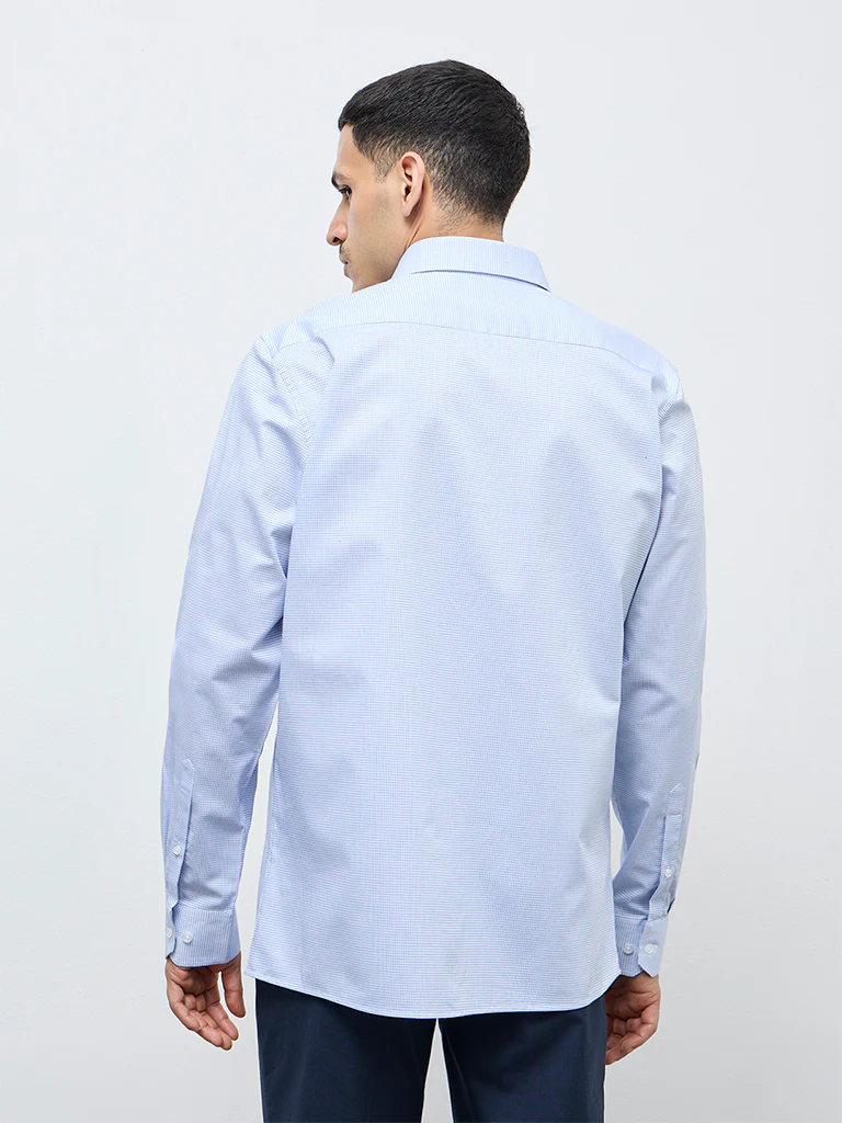 WES Formals Blue Checkered Slim-Fit Cotton Shirt - Image 4