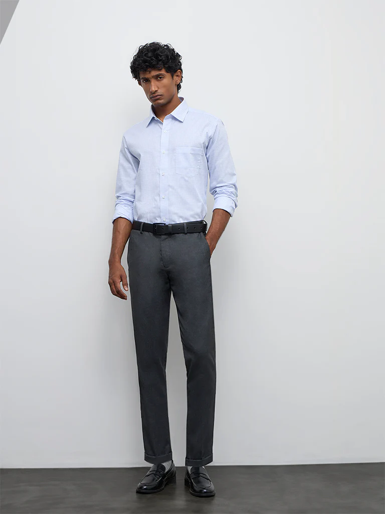 WES Formals Blue Checks Printed Relaxed-Fit Cotton T-Shirt - Image 2
