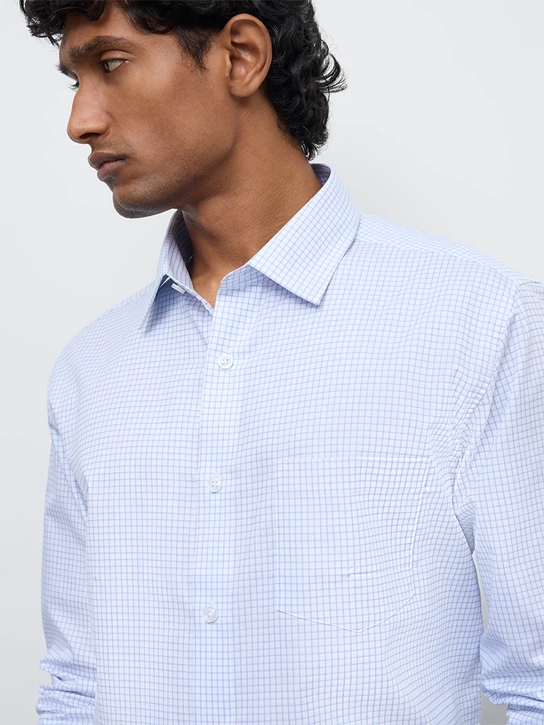 WES Formals Blue Checks Printed Relaxed-Fit Cotton T-Shirt - Image 3