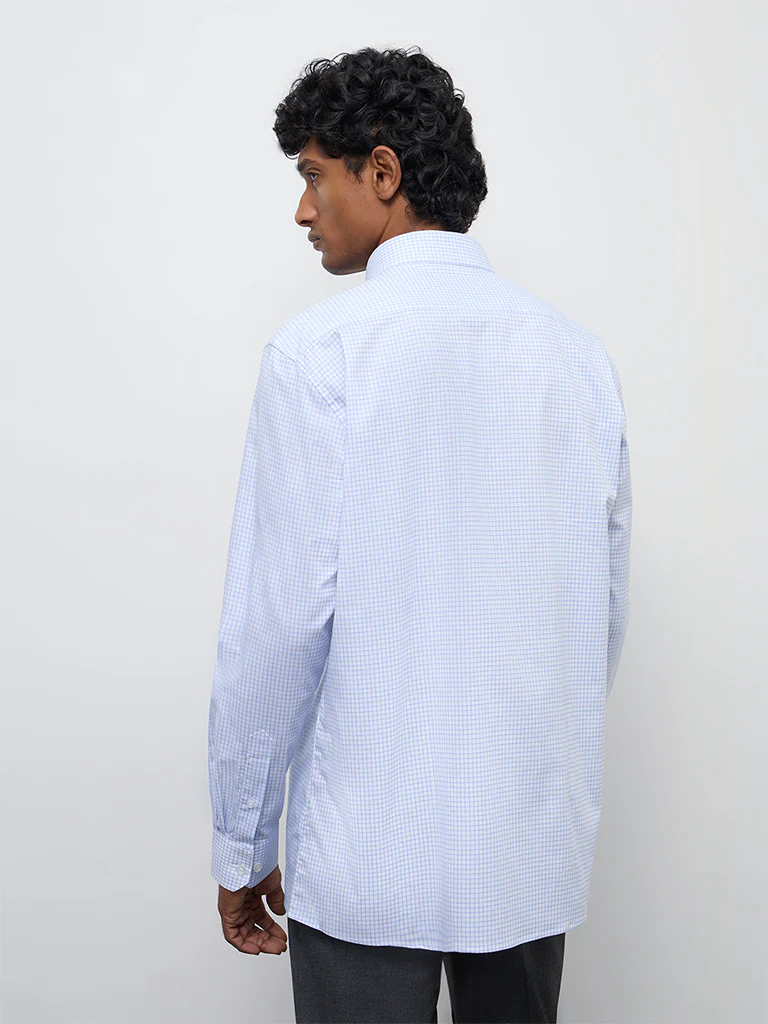 WES Formals Blue Checks Printed Relaxed-Fit Cotton T-Shirt - Image 4