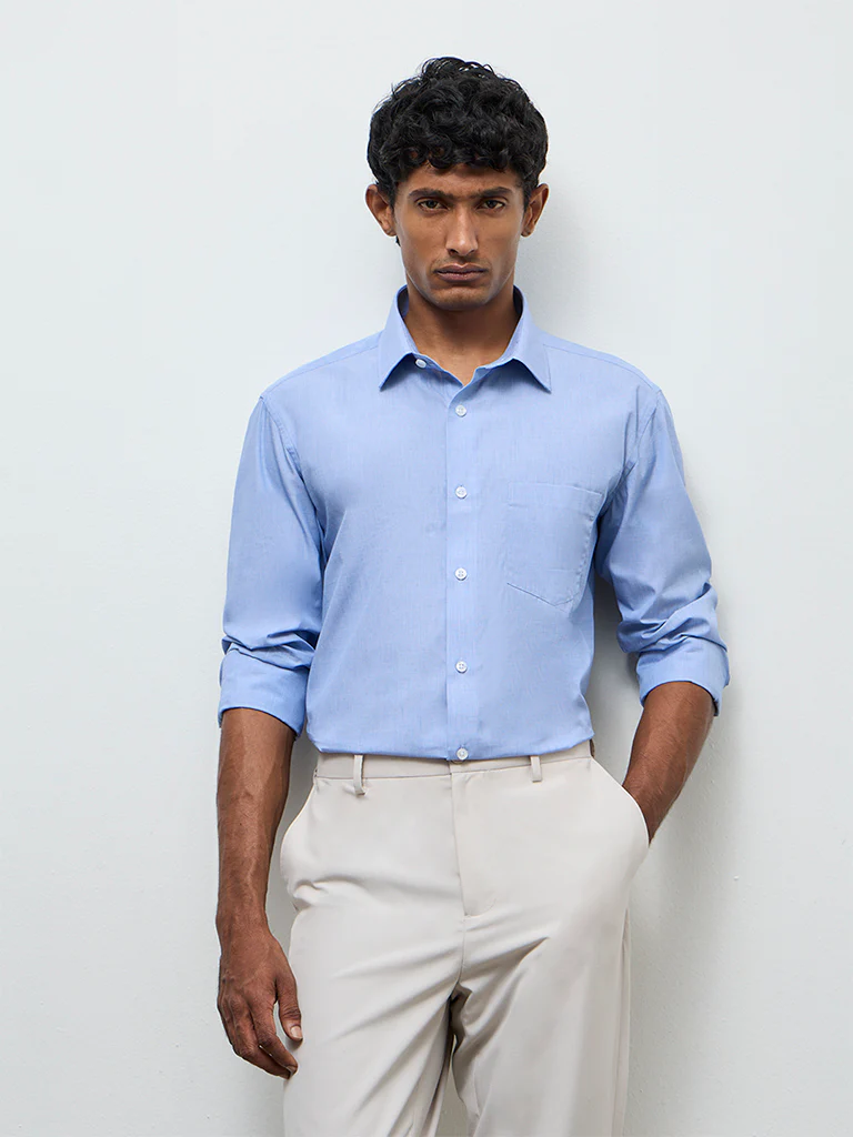 WES Formals Blue Relaxed-Fit Cotton Shirt