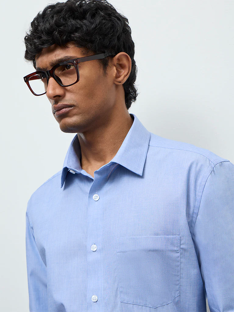 WES Formals Blue Relaxed-Fit Cotton Shirt - Image 3