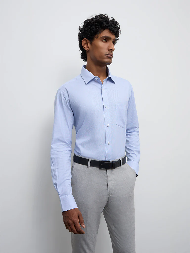 WES Formals Blue Relaxed Fit Cotton Shirt