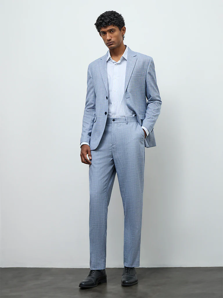 WES Formals Blue Relaxed-Fit Mid-Rise Trousers