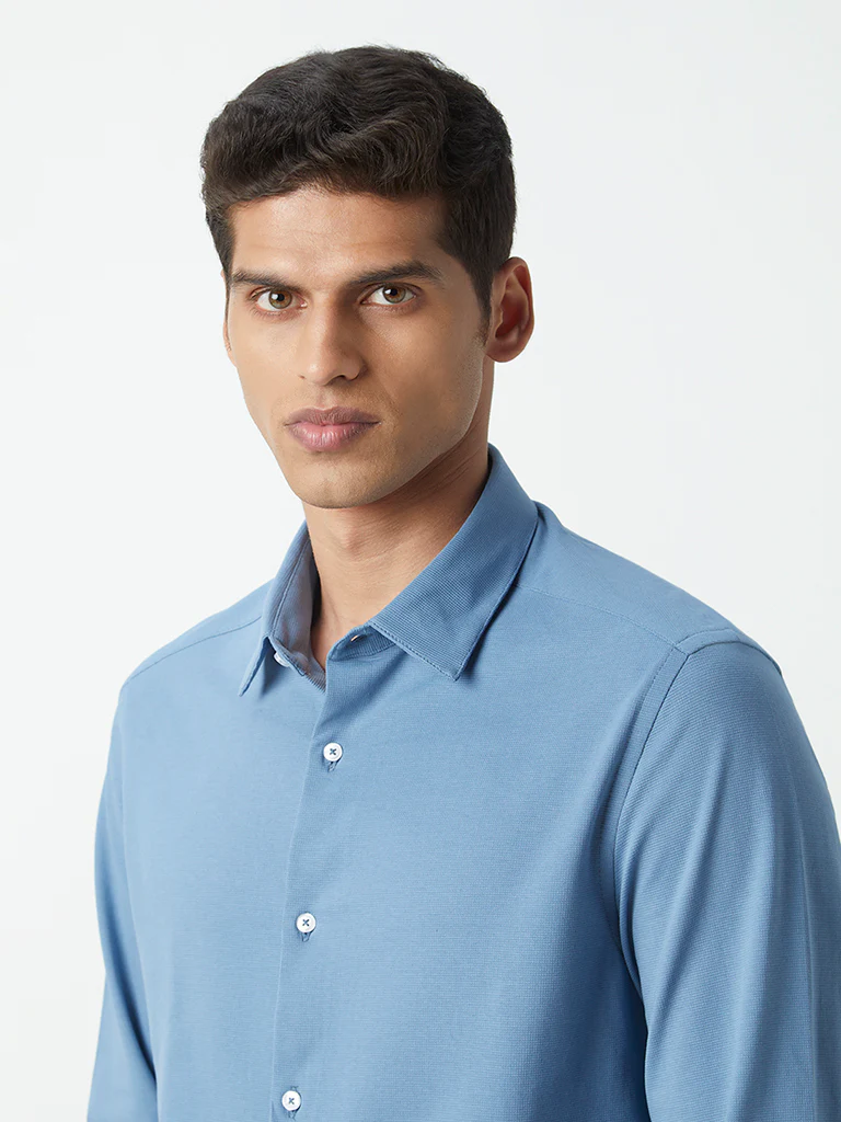 WES Formals Blue Self-Patterned Cotton-Blend Slim-Fit Shirt - Image 2