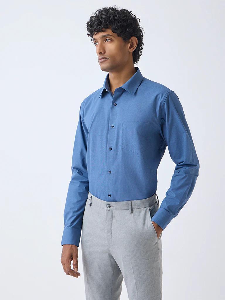 WES Formals Blue Slim-Fit Cotton Shirt