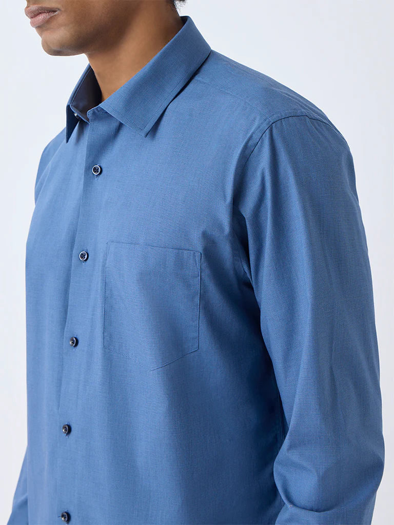 WES Formals Blue Slim-Fit Cotton Shirt - Image 3