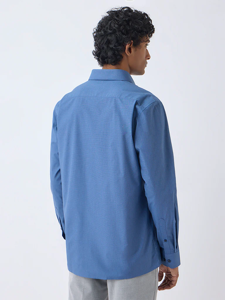 WES Formals Blue Slim-Fit Cotton Shirt - Image 4