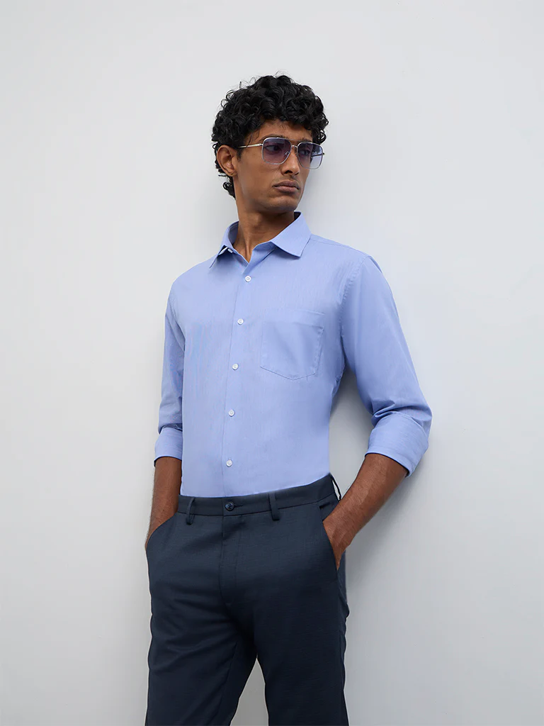 WES Formals Blue Slim-Fit Cotton Shirt