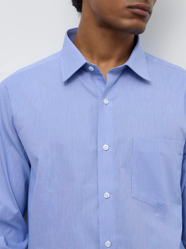 WES Formals Blue Slim-Fit Cotton Shirt - Image 3